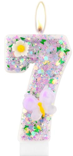 mciskin Butterfly 7th Birthday Candle, Purple Number 7, Sparkler, Cake Topper, Girls Boys Birthday Party Decorations