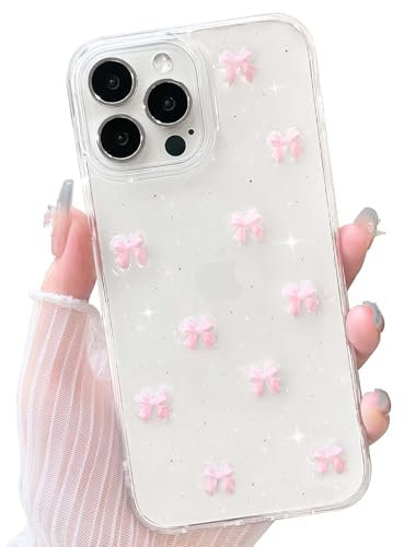 NITITOP Compatible with iPhone 15 Pro Max Case Clear Cute Sparkly 3D Bow Bling Glitter Bowknot for Women Girls Ultra Slim Anti-Yellow Protective Phone Cover - Pink Bow