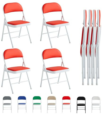 mcc direct Set of 4 Folding Chairs, Faux Leather Foldable Chairs with Metal Frame and Padded Seat, Easy to Fold and Store for Home, Office, Dining and Reception (Red)