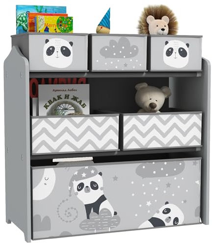 ZONEKIZ Kids Storage Unit, Childrens Toy Storage Organiser, with 6 Fabric Bins, for Bedroom, Nursery, 63 x 30 x 66cm, Grey