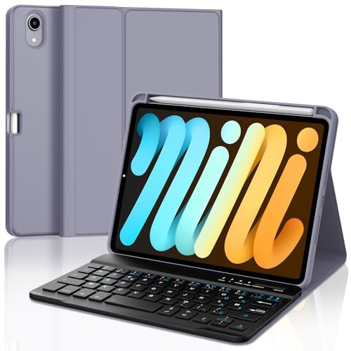 JADEMALL Coque Clavier pour iPad Mini 7 A17 Pro 2024/Mini 6 8.3 2021, AZERTY Clavier Bluetooth Détachable pour iPad Mini 7/6 8.3, Violet