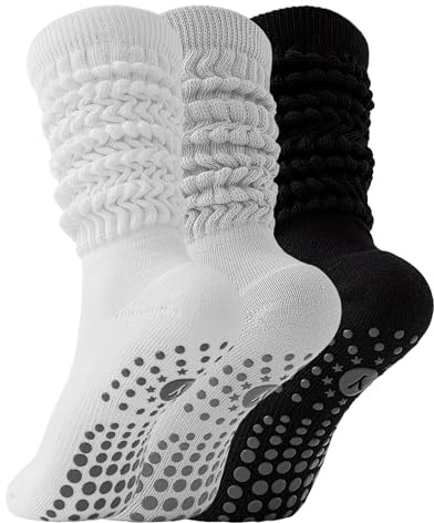 Yawlsow Pilates Grip Socken für Damen Yoga Rutschfeste Slouch Kniestrümpfe | aus weicher Baumwolle extra lange Stulpen für Barre Workout Krankenhaus Zuhause mit griffiger Sohle für Halt und Stabilität