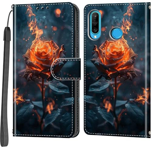 Handyhülle für Huawei P30 Lite Hülle, Magnetische Stoßfeste Flip Leder Schutzhülle Klapphülle, Rosen