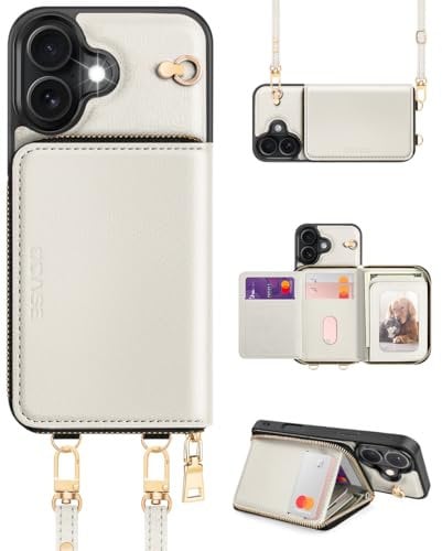 OCASE for iPhone 16 Case, PU Leather Crossbody Zipper Wallet Case with Wrist Strap Lanyard, Kickstand, RFID Blocking Card Slots, Shockproof Phone Cover for 6.1 Inch iPhone 16, White
