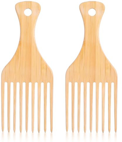 Gjinxi Set di 2 pettini Afro in bambù naturale antistatico per capelli ricci, a denti larghi e lunghi, per sollevare e pettinare e districare da uomo