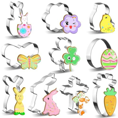 Augshy 10 Pièces Emporte-pièces Tête de Lapin de Pâques, Emporte-pièce pour Biscuits de Pâques, Lapin, Poussin, Œuf