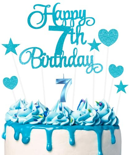 Ainiv Happy 7th Birthday Cake Toppers Set, Blue Number 7 Candle for Cake, Happy 7th Birthday Cake Decorations for Boys Girls, Blue Star Heart Cake Topper for Party Cupcake Desserts Pastries