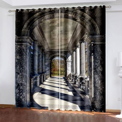 Mesnt Gardine Fenster Blickdicht, 214x229cm Dunkelgrau Retro-Architektur und Sonnenschein Vorhang für Schlafzimmer und Wohnzimmer