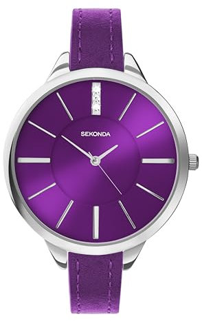 Sekonda Ada 39 mm Damen-Quarzuhr mit drei Zeigern und Sonnenstrahlen-Zifferblatt, Analog-Anzeige und Lederarmband, Silber/Violett, Armband