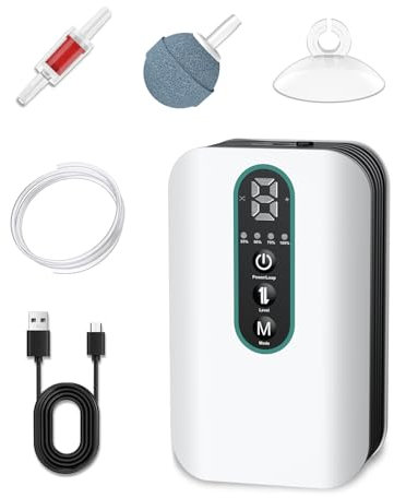 Pawfly Aquarium Air Pump, Rechargeable Battery Oxygen Pump for 19-76 L Fish Tank Bucket, Portable Live Bait Aerator for Fish, Adjustable Fish Tank Air Pump for Outdoor Fishing and Fish Transport