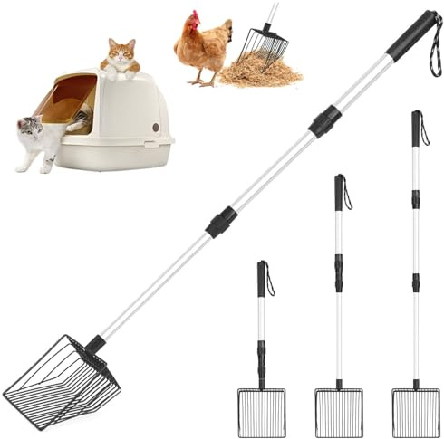 Hamosky Katzenstreuschaufel mit langem Griff, 3-in-1, verstellbar, 55,9 cm bis 106,7 cm, Hühnerstall, Streuschaufel, Metallkotsieb, Hühnerstall, Sandschaufel, stabiles Haustierpflegewerkzeug