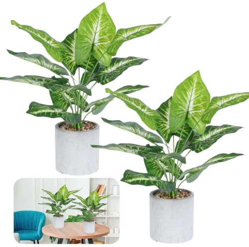 2 plantas de palma sintética en macetas grises, palma artificial en maceta para decoración del hogar, oficina, baño y sala de estar