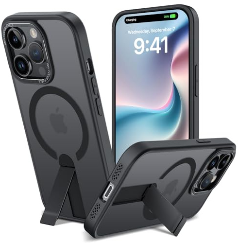 Cover Magnetica per iPhone 14 Pro con Cavalletto Compatibile con MagSafe Custodia con Supporto, Protezione Antiurto di Livello Militare Cellulare Case Traslucido Opaco Retro, Nero