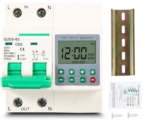 Jadeshay Temporizador Digital,0 a 99 Horas Regolabile Interruttore Temporizzato Interruttore Magnetotermico con Protezione Sovratensione e Sottotensione para Gestión de Electrodomésticos,63A 230V 2P