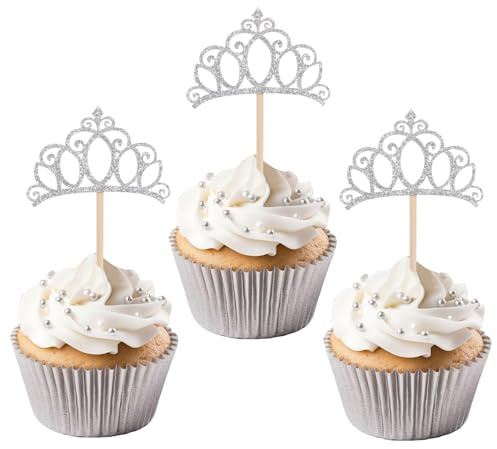 24 Stück Kronen Cupcake Topper, Silberfarbener Glitzer Schneekönigin Prinzessinnen-Thema Kuchenspieße Dekorationen für Mädchen Geburtstag Babyparty Hochzeit Partyzubehör