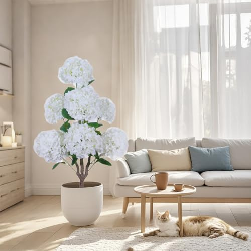 90 cm Künstlicher Hortensienbaum im Übertopf Üppige Kunst Hortensie mit Handgefertigten Blüten Wetterfeste Deko für Terrasse & Wohnzimmer Pflegeleicht & UV Stabil