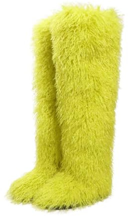 DOXIMFC Stivali sopra il ginocchio da donna, stivali alti pelosi alti per ragazze, soffici stivali in pelliccia sintetica, piatti, Giallo limone., 38.5 EU Larga