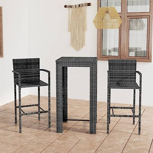 LoogCape 3-TLG. Garten-Bar-Set mit Armlehnen, Poly Rattan Grau, Stabiler Bartisch & 2 Barhocker für Terrasse, Balkon, Veranda, wetterfestes Outdoor-Möbel-Set