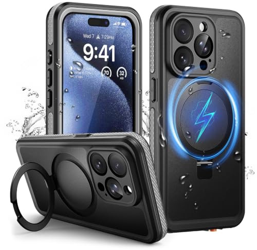 Wusbulk Funda 360 Antigolpes IP68 Impermeable para iPhone 15 Pro MAX, Negro | Soporte Regulable para MagSafe, IP68 Waterproof Doble Case, Militar Resistente Antigolpes, Antipolvo Estanca Carcasa