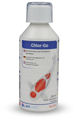 NT Labs Koi Care Chlor-Go Dechlorinator (250ml Treats 9100L) | Fast chlorine remover neutralises harmful tap water chloramine and toxic heavy metals during pond water changes.