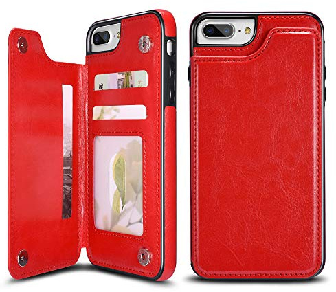 UEEBAI Case for iPhone 6/6S, Luxury PU Leather Case with [Two Magnetic Clasp] [Card Slots] Stand Function Durable Shockproof Soft TPU Case Back Wallet Flip Cover for iPhone 6/6S - Red