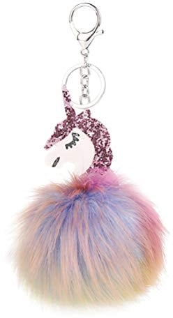 Toyvian Einhorn Schlüsselanhänger mit Bommel Anhänger Weihnachten Pompom Taschenanhänger Plüsch Schlüsselbund für Kinder Mädchen Handtasche Schlüssel Auto (Lila)