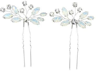 Faship Gorgeous Clear White Opal Rhinestone Crystal Floral Bridal Hair Pins Accessories 2 Pcs