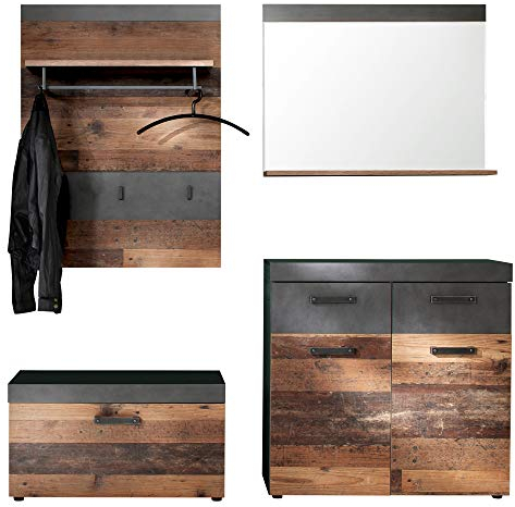 trendteam smart living - Indy - Garderoben-Set (Sitzbank + Garderobenpaneel + Kommode + Wandspiegel) - Graphit Grau/Alteiche - (BxHxT) 185 x 192 x 37 cm - rustikales Design