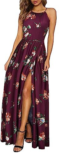 KILIG Sommerkleid Damen Lang Maxikleid Neckholder Elegant Sommer Kleid Hochzeitsgast Partykleid Schlitz Freizeitkleid (Floral-C,Small)
