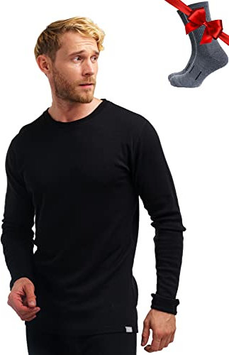 100% Merino Unterwäsche Herren - Merino Langarmshirt Herren Atmungsaktiv Und Feuchtigkeitsableitend Mittel + Wollsocken (Small, Black 250)