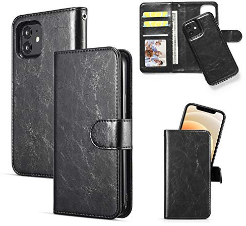 QLTYPRI Compatible with iPhone 12 Mini, Premium PU Leather Rubber Silicone Bumper Card Holder Magnetic Detachable Wallet Case Cover for iPhone 12 Mini - Black