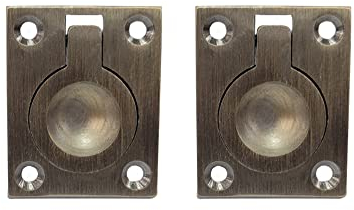 QCAA Solid Brass Flush Ring Pull, 36.5 x45 mm, Brushed Antique Brass, 2 Pack, Made in Taiwan