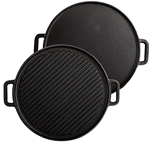 Lawei 12 Inch Cast Iron Griddles, 2-in-1 Reversible Grill/Griddle with Handle, Reversible Grill Plate Skillet for Stovetop, Gas Range, Electric Stovetop, Grill Open Fire