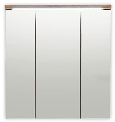 Stella Trading Spiegelschrank Bad mit LED-Beleuchtung in Wildeiche Optik, Weiß matt - Badezimmerspiegel Schrank mit viel Stauraum - 70 x 74 x 20 cm (B/H/T)