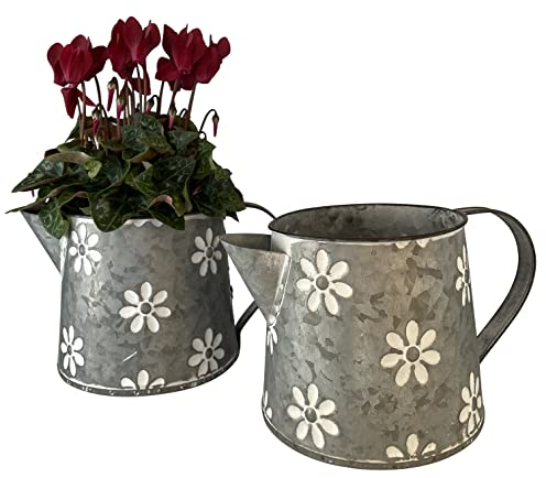 OF 2 Blumentöpfe als Zinkkannen für Blumen - Übertopf Pflanzkübel Blumenkasten Kräutertopf P48, Silber/Weiß, 22 x 15 14,5 cm