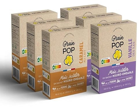 popcorn micro-ondes - grains de maïs à éclater - Grain POP - lot sucrés 6 étuis (2 étuis natures + 2 étuis vanille + 2 étuis caramel)