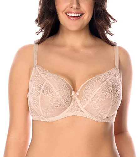 VIVISENCE Damen Spitzen BH Mit Bügel Große Größen Zuverlässigen Halt Im Alltag 1044, Beige,80F