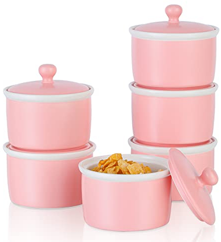 240ml Moldes para soufflé con Tapa, Candiicap Juego de 6 Moldes de Porcelana para Hornear, Pudín, Creme Brûlée, Tazas de Flan, Salsa para Servir (240ml, Rosa Mate)