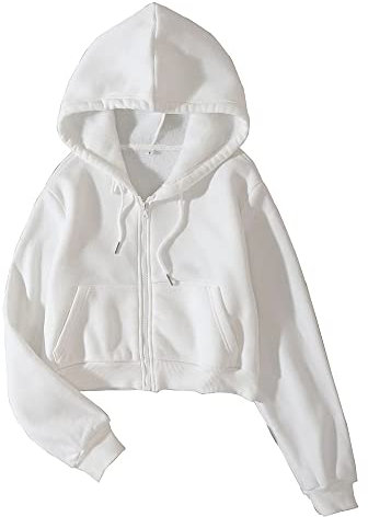 LOFAAC Women Fleece Full Zip Up Cropped Hoodie Sweatshirt 90s Long Sleeve Drawstring Hooded Crop Jacket Top with Pockets, White, Medium