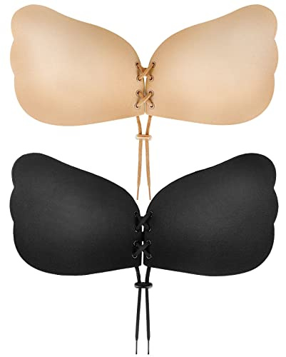 Cmojsk Sticky Bra, Backless Strapless Bra Push Up, Adhesive Invisible Lift Up Bras 2 Pairs Black/Beige