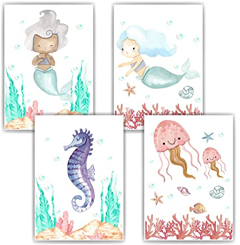 Meerjungfrau Seepferdchen Koralle 4er Set Bilder Kinderzimmer Deko DIN A4 Poster Babyzimmer Wandbilder Wandkunst Kinderposter