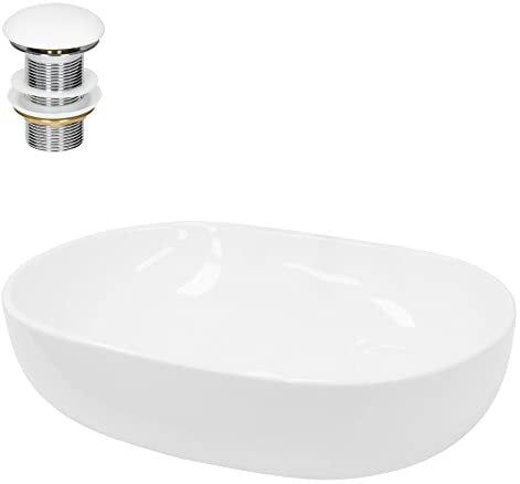 ECD Germany Design Waschbecken Waschtisch 600 x 420 x 145 mm inkl. Ablaufgarnitur für Waschbecken ohne Überlauf - Keramik Weiß Aufsatzbecken Aufsatzwaschbecken Waschschale Aufsatzwaschtisch Spülbecken