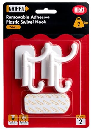 GRIPPA Self-Adhesive Swivel Hooks, White, 2 Pack | Removable adhesive hooks install without fixings; plastic construction; removable sticky hooks; holds up to 2kg.