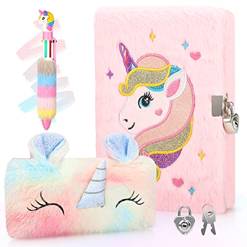 Anyfirst Einhorn Plüsch Mädchen Tagebuch mit Schlüssel und Vorhängeschloss, Geheimes Privates Notizbuch Set mit Mehrfarbigem Stift, Einhorn Geschenke für 5 6 7 8 9 10 11 12 Jährige Mädchen, Rosa
