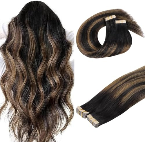 DOORES Tape in Human Hair Extensions, Balayage Natural Black to Chestnut Brown Remy Tape in Skin Weft Natural 100g 40pcs 24 Inch