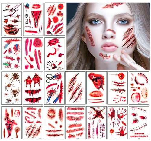 30 Blatt Halloween Tattoo Narben, Halloween Temporäre Tattoo Aufkleber, Halloween Tattoos, Wasserdicht Schminke Gesicht Narben Horror Wunden Aufkleber Vampir für Erwachsener Kinder Makeup Gefälschten