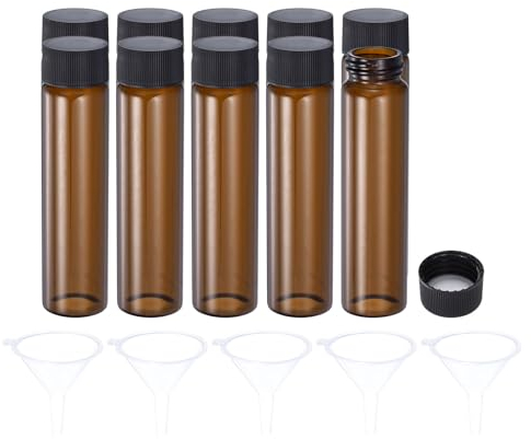 PATIKIL 50 ml Reagenzglas, 10er Pack runde Glasflaschen mit 5 Trichtern und Schraubverschluss aus Kunststoff für Labor und Zuhause, bernsteinfarben schwarz
