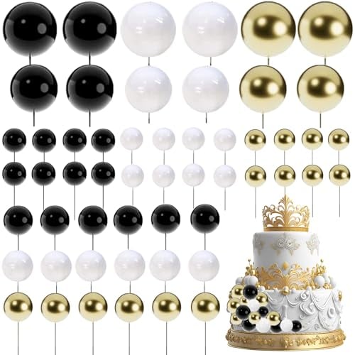 54Pcs Cake Toppers Ball, Black Gold Ball Cake Decorations, Mini Gold Balloon for Cupcakes, Cake Topper Ball for Wedding Birthday Halloween Party Cake (Black, White, Gold)