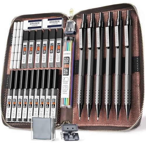 STAGEEK Lot de 30 porte-mines en métal avec étui en cuir, 0,5/0,7/0,9/2 mm, 16 tubes de mines en graphite (6B 4B 2B HB 2H 4H) avec mines colorées pour croquis, dessin, écriture (noir)