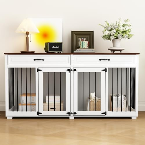Hundekäfig für Haustiere,großer Hundekäfig,Hundehaus mit 2 Schubladen+2 Türen,Transportkäfig für Hunde,mit Arbeitsplatte,Weiß+Braun,160x60x80cm